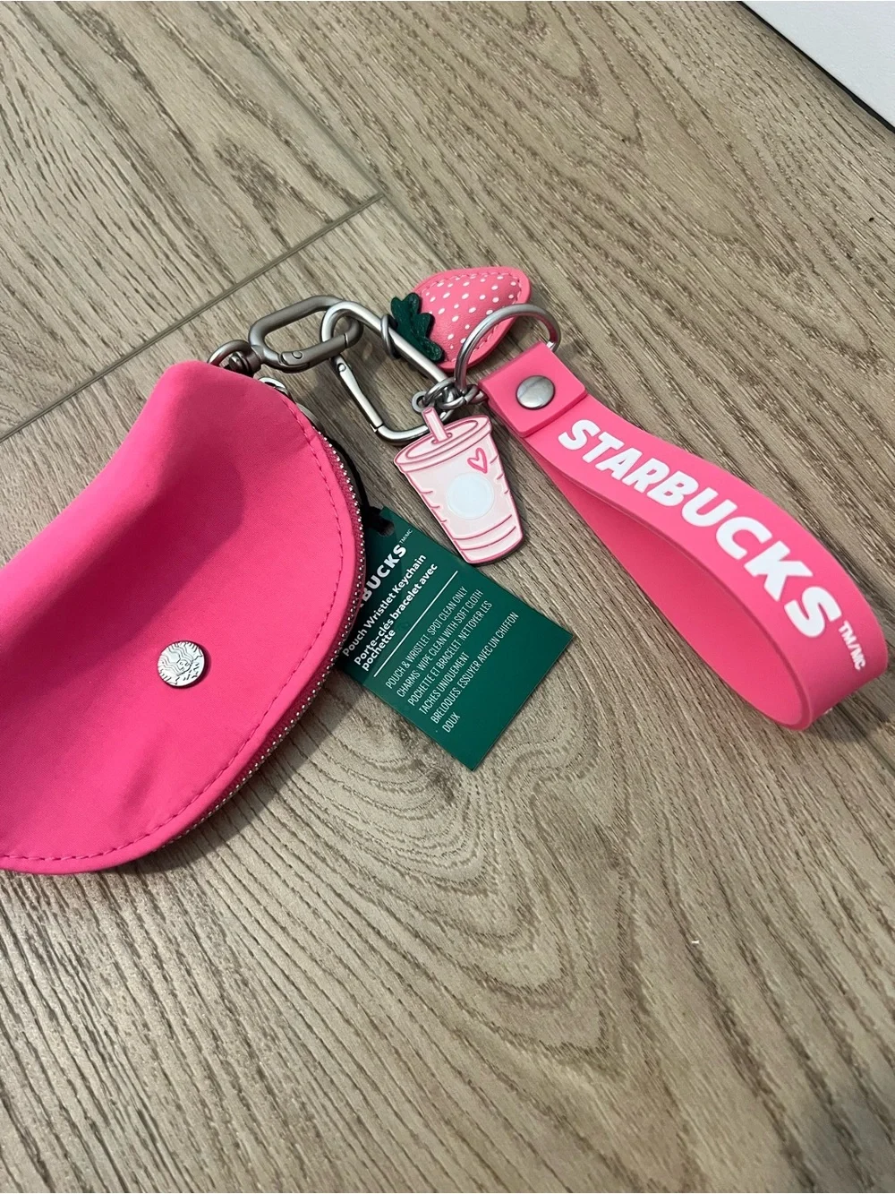 Starbucks Pink Vibe collection Keychain Wristlet with Strawberry & Cup Charms